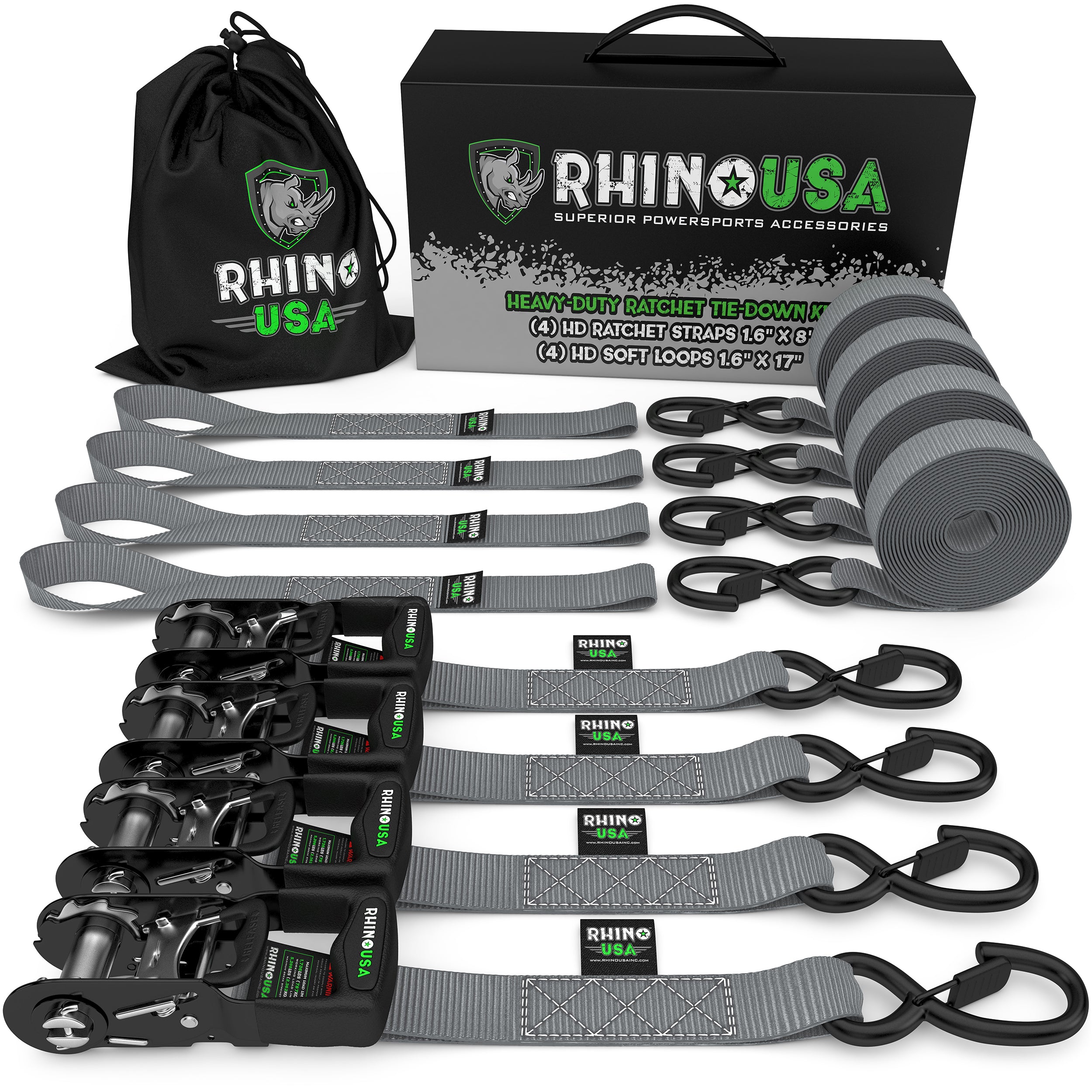 1.6" x 8' HD Ratchet Tie-Down Set (4-Pack) Tie-Down Straps Rhino USA, Inc. 